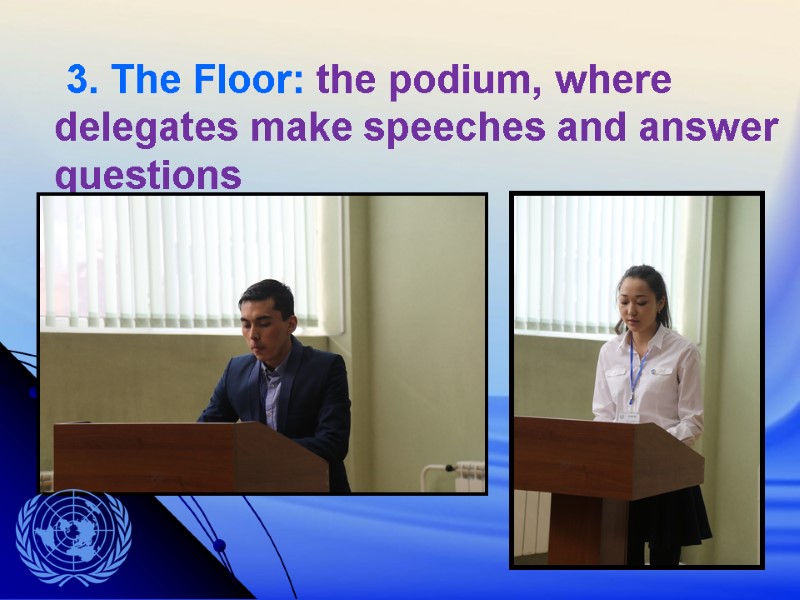 3. The Floor: the podium, where delegates make speeches and answer questions